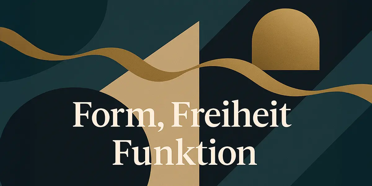 Modernes Design mit minimalistischen Formen und kräftigem Farbkontrast, Text „Form, Freiheit, Funktion“ rechtsbündig über geometrischer Struktur.