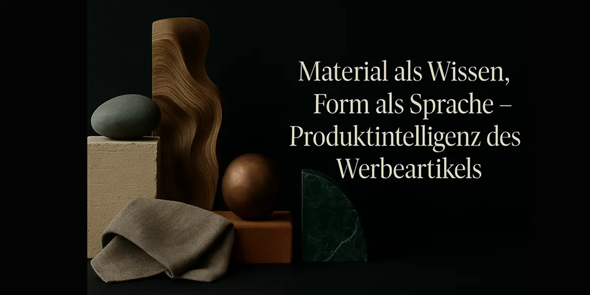 Stilvolle Werbeartikel aus Kork, Holz, Textil und Marmor, sorgfältig arrangiert auf schwarzem Untergrund mit zentral platzierter Schrift in feinen Grüntönen.