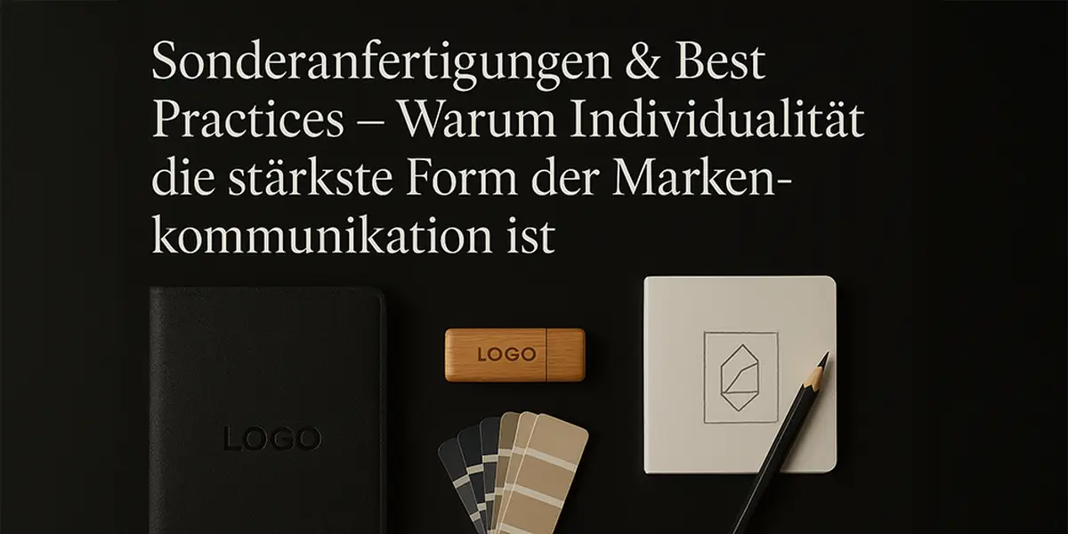 Flatlay auf dunklem Grund: Titel in Serifenschrift, dazu Notizbuch mit Logo, Holz-USB-Stick, Farbfächer und Skizzenbuch mit Bleistift-Skizze.
