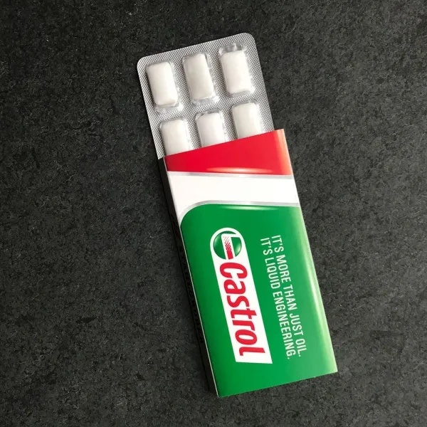 Produktbild von Optimierter Alt-Text: "Zuckerfreies Werbe-Kaugummi mit Pfefferminzgeschmack in Blisterverpackung, gedruckt mit Flexo-, Offset- und Digitaldruck, Mindestbestellmenge 1000 Stück, haltbar für 12 Monate"