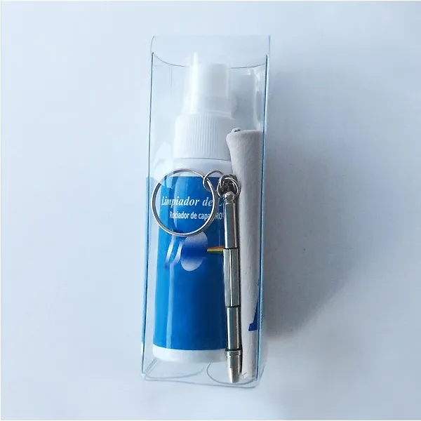 Produktbild von Das Brillenreinigungsset mit 40 ml Reinigungsspray, Mini-Schraubendreher mit Schlüsselring und Brillenputztuch in einer PVC-Hülle bietet eine praktische Lösung für die Pflege Ihrer Sehhilfen.