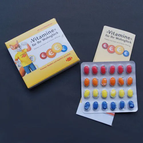 Produktbild von Bunte Blister-Dragee-Bonbons in Tablettenverpackung, ohne Nebenwirkungen; personalisierbare Verpackung mit Beipackzettel für Werbezwecke; Wahl zwischen 18er-, 24er- und 36er-Verpackungen sowie Geschmacksrichtungen Pfefferminz oder Frucht.