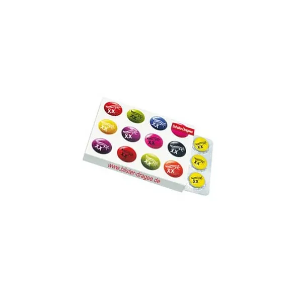 Bunte Schokolinsen mit individuellem Logodruck als personalisierte Werbesüßigkeit, 12 Stück pro Blister, Größe: 88x70x10 mm, Mindestmenge 1.000 Stück.