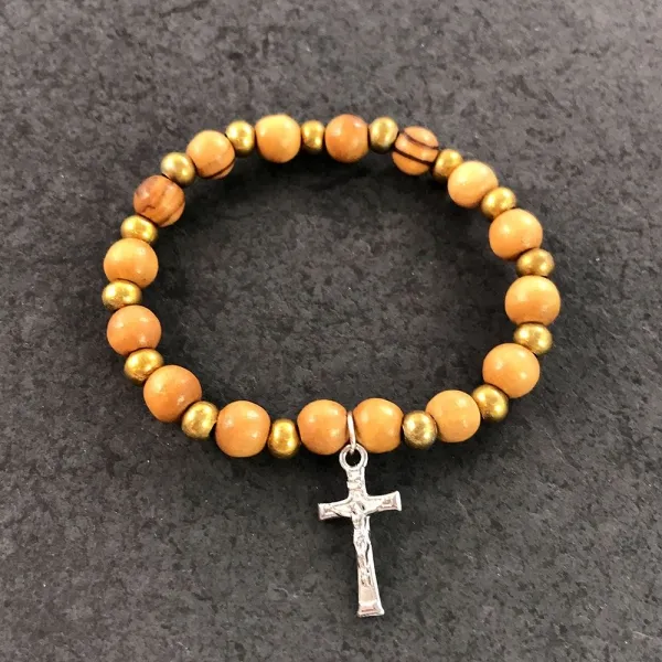 Produktbild von Christliches Armband mit religiösem Motiv; Madonna, Jesus und Mutter Maria abgebildet; Gebetsarmband mit Hand-Rosenkranz; Material: Olivenholz, Zierperlen und Metall; Einheitsgröße - dehnbar; Verpackung: Einzeln im Polybag.