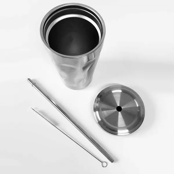 Doppelwandiger Edelstahl-Trinkbecher mit Deckel und wiederverwendbarer Ausstattung für Heiß- und Kaltgetränke, Maße: 17 cm Höhe, 10 cm oberer Durchmesser, 6,5 cm unterer Durchmesser, Inhalml/16 OZ, Material: Edelstahl, PP. (2)