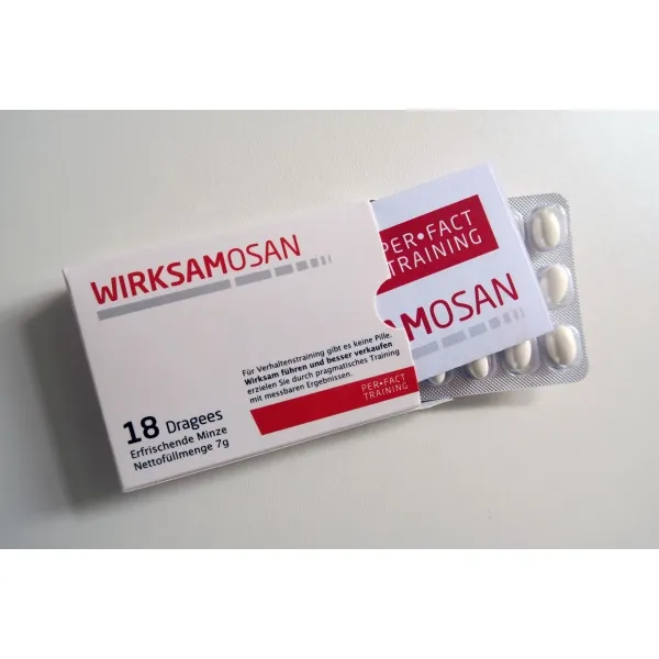 Drageeblister mit individuellem Logo und Beipackzettel in Kartonverpackung, sechsseitig bedruckbar, zusätzlicher beidseitig bedruckter Beipackzettel, Streu-Flexodruck auf Blisterfolie, ab 3000 Stück verschiedene Farb-/Geschmacksreihen möglich. (3)