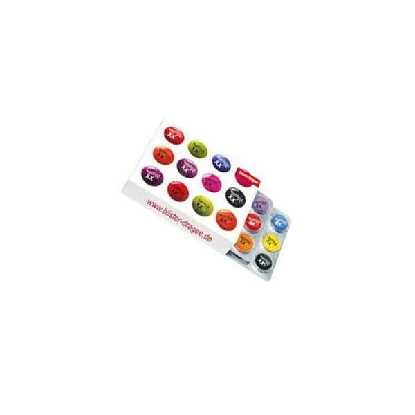 Produktbild von Dragees mit Schokoladenfüllung im Blister, individuell bedruckt mit Logo und Schokolinsen-Inhalt; 24 Stück pro Packung, Maße: 88 x 70 x 15 mm, Mindestmenge 1000 Stück.