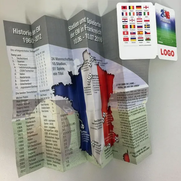 Produktbild von EM-Spielplan: Individuell bedruckbarer Taschen-Kalender für die EM 2016 in Deutschland mit Kundenlogo, praktische Größe von 55x85mm.