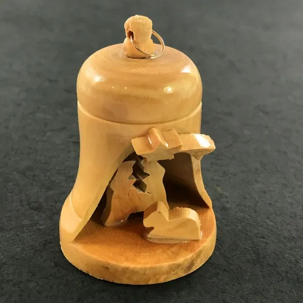 Produktbild von Olivenholz-Glocke für den Christbaum mit religiösem Innenmotiv, handgefertigt und geölt.