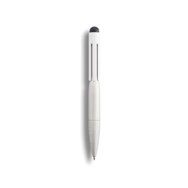 Produktbild von GreyYeah Aluminium Kugelschreiber - ergonomischer Grau-Weiß-Design mit 360° Stylus und Rundum-Clips für trendige Nutzer, inklusive blauer und schwarzer Mine.