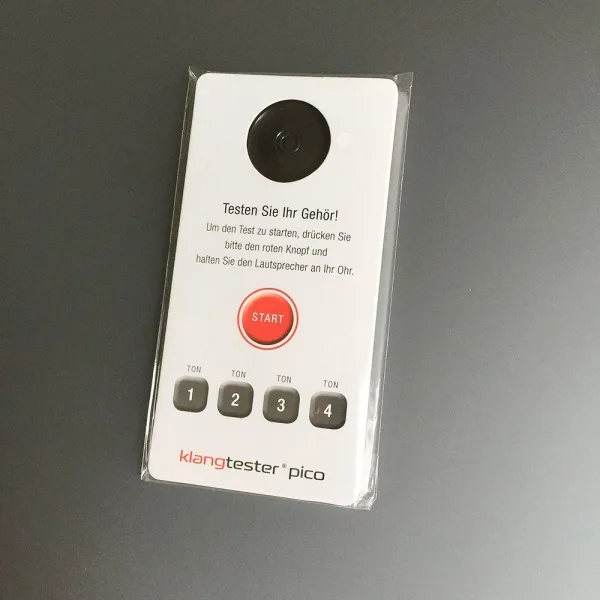 Produktbild von Dieses handgroße Hör-Testgerät dient als effektives Werbemittel für Hörgeräte-Akustiker zur Überprüfung des Hörvermögens.