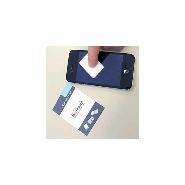 Produktbild von Handy-Giveaway Cleaner mit individuell gestaltbarem Logo, abgerundete Ecken (40 x 25 x 0,6 mm), inklusive Polybeutelverpackung mit Karton-Inlay.