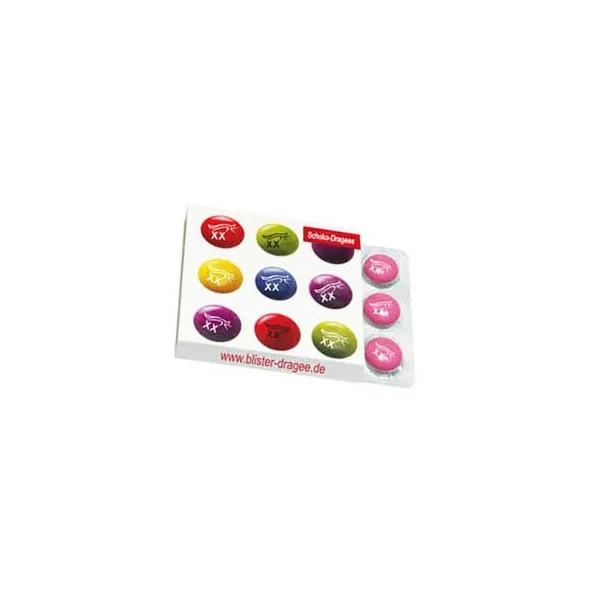 Produktbild von Schokolinsen mit individuellem Logodruck im Blister für Werbezwecke, z.B.