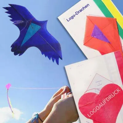 Produktbild von Kleiner Papierdrache fürs Mailing, voll flugfähig bis 10 m, passt in Handfläche, sofort flugbereit mit Logo, 1-2 farbig bedruckbar, lieferbar in vielen Farben/Formen.