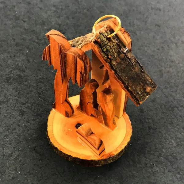 Produktbild von Krippe aus Olivenholz, handgefertigt, geölt, Weihnachtsbaumschmuck, Höhe 6,5 cm, mit Lasergravur.