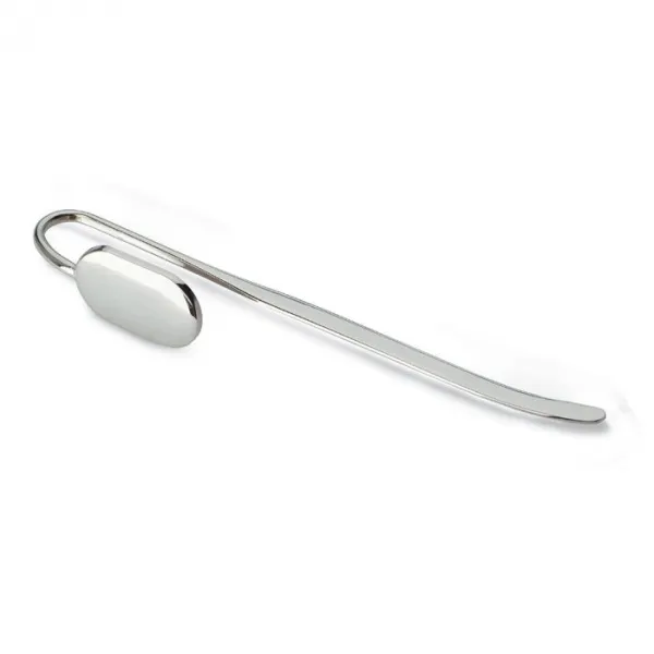 Produktbild von Lesezeichen aus Metall in Silber mit hochwertiger Verarbeitung, Maße: 13,5x2x2,5 cm, Gewicht: 21 g, Werbefläche für Druck, silberne Farbe.