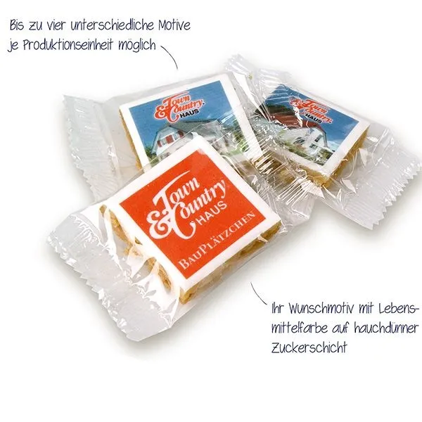 Produktbild von Feine, mit Lebensmittelfarben bedruckte Plätzchen, einzeln verpackt in Klarsichtfolie, für Messen, Produktshows, Meetings, Events oder als Giveaway, Größe M, auch für Mailings beliebt, Gewicht 16 g, Maße 38 x 38 x 12 mm, Haltbarkeit mindestens 12...