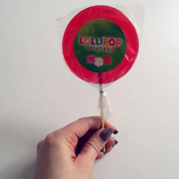 Produktbild von Lolly mit individuellem, flächig bedruckbarem Aufkleber in transparenter Schutzhülle - Werbemittel für Groß und Klein mit verschiedenen Farben, Geschmacksrichtungen und Logodruck.