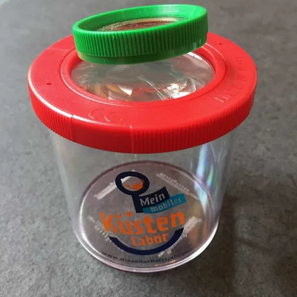 Vergrößerungslupe mit Belüftungsöffnungen für die Erforschung von Kleintieren und Pflanzen, 60mm breit, 80mm hoch, 2-4x Vergrößerung, mm-Skala, Werbedruck auf dem Becher. (4)