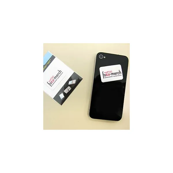 Produktbild von Mikrofaser-Reiniger-Pad mit Logo als Giveaway, abgerundete Ecken, individuell gestaltbares Layout, kostenloses Muster erhältlich, in verschiedenen Formaten und Sonderformen verfügbar.
