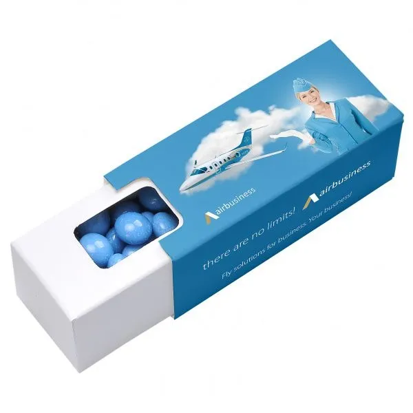 Dragee-Bonbons oder Kaugummi in einer Mini Box mit individuellen Füllungen und Maßen von 62 x 25 x 25 mm. (5)