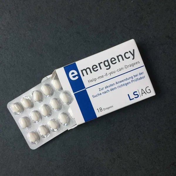 Notfall-Bonbons mit individuell bedruckter Verpackung: Lustige Werbeidee für Mailing, wohlschmeckende und leckere Bonbon-Dragees in "Tablettenverpackung", sehr werbewirksam für Ihr Unternehmen.