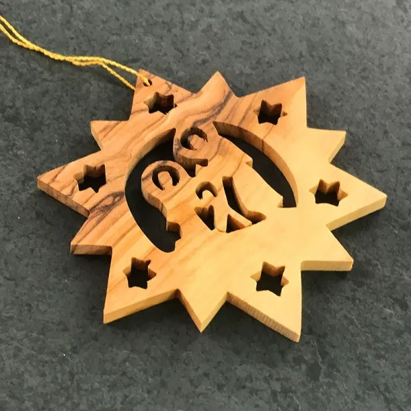 Produktbild von Olivenholz Christbaumanhänger, Weihnachtsbaumanhänger, Tannenbaumanhänger, Tannenschmuck, geölt, 7,5 cm, goldenes Aufhängebändchen.