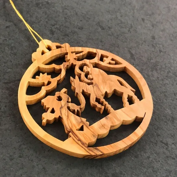 Olivenholz Weihnachtsbaumanhänger, handgefertigt, geölt, 8 cm ⌀, mit goldenem Aufhängbändchen für Baumschmuck & Tannenbaumanhänger.