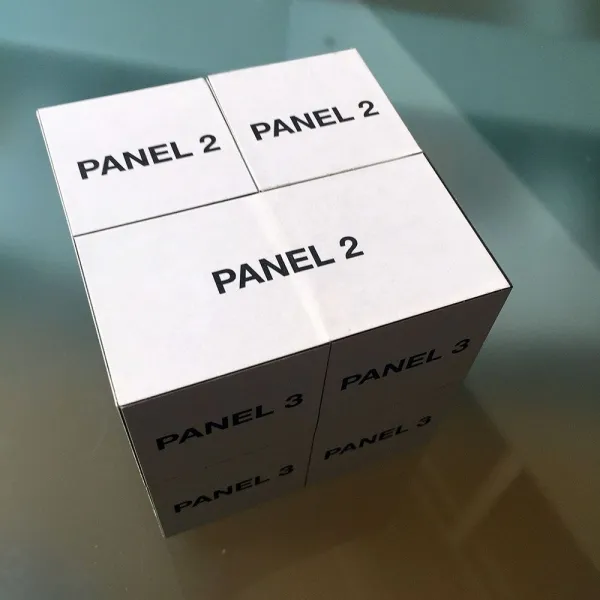 Original 3D Präsentationswürfel zum Klappen, 7x7x7 cm oder 5x5x5 cm, Mindestbestellmenge 100 Stück, einzeln in Schutzfolie zellophaniert und weißem Einzelkarton verpackt, gestaltbar mit Standskizzen/Musterwürfel. (4)
