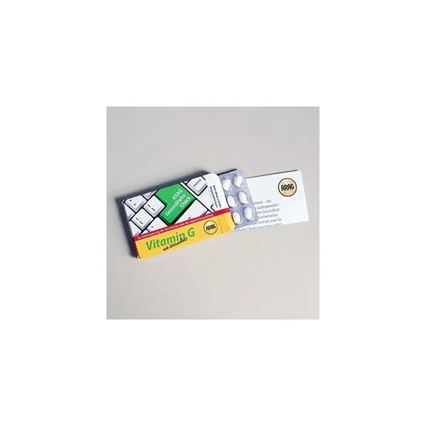 Produktbild von Pfefferminz-Bonbons im Blister als Streuartikel, in Tablettenschachtel-Verpackung, mit 18 zuckerhaltigen oder zuckerfreien Geschmacksrichtungen wie Apfel, Erdbeere, Orange, Himbeere, Johannisbeere, Tropic, Lemon, Limone, Pfefferminz und mehr.