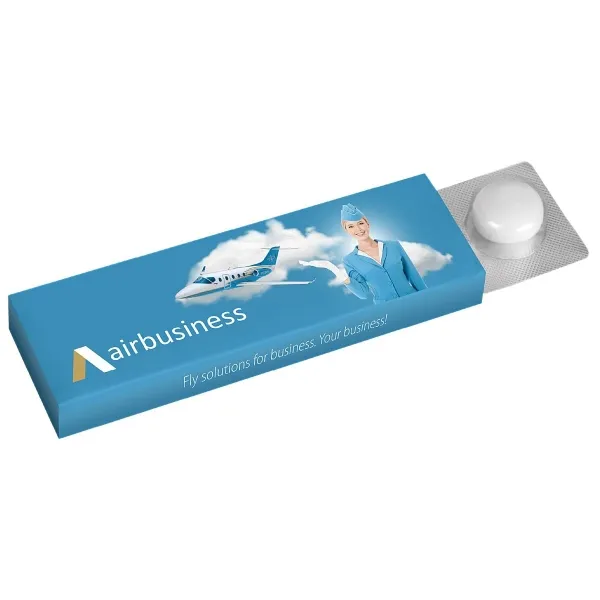 Produktbild von Pfefferminz-Kaubonbons im 4er-Blister, 4 extra große Stück, Geschmack Pfefferminza, Formax 37 x 15 mm, Mindestmenge 1000 Stück, haltbar 12 Monate, ab 3000 Stück bedruckbare silberne Rückseite Flexodruck 1-3 farbig, komplett individualisierbare Verpackung.