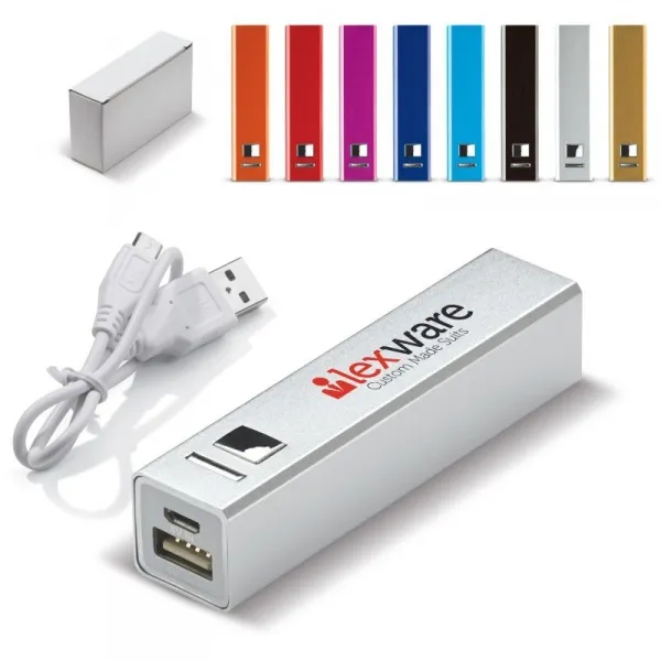 Rechteckige Aluminium Powerbank 2200 mAh in verschiedenen Farben und Ausführungen, ab 100 Stück in Silber, Schwarz, Dunkelblau, Hellblau, Rot, Orange, Gold, Grün und Pink erhältlich. (2)
