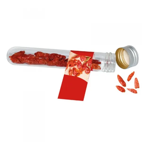 Reagenzglas mit schwarzem Pfeffer für scharfen Geschmack und Werbeeindruck auf Standardmotiv oder individueller Gestaltung, Platz für 250 Stück ab 30 x 10 mm bzw. (2)