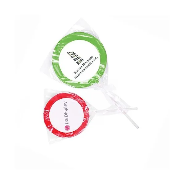 Produktbild von Lutscher mit individuellem Aufkleber, verpackt in transparenter Folie mit maßgeschneidertem Etikett; Fruchtgeschmack; erhältlich in Rot, Grün, Blau, Gelb, Orange und Weiß (weiß nicht transparent), weitere Farben auf Anfrage; Etiketten-Ø 8 cm /...