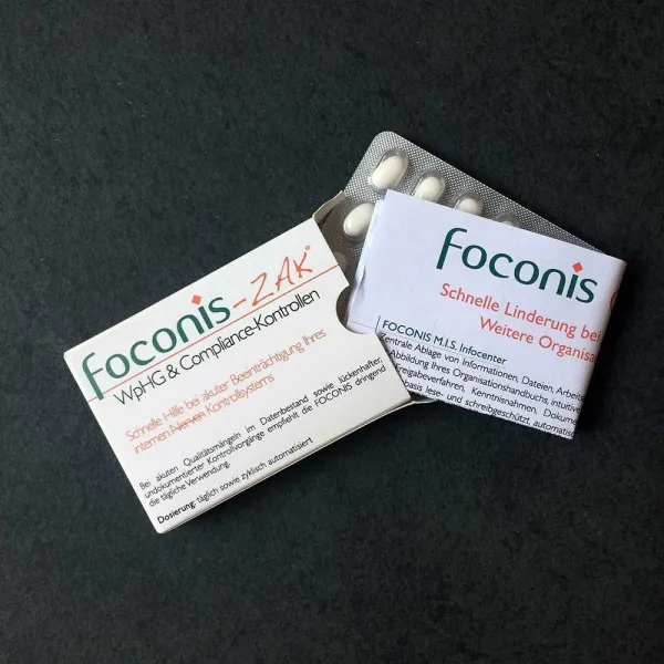 Produktbild von Süße Drops als Placebo-Bonbon für Werbezwecke in "Tablettenverpackung" mit individuell bedrucktem Beipackzettel, 18er-24er-36er Verpackungen, Geschmacksrichtungen Pfefferminze oder Frucht, Schokolinsen mit Bedruckung.