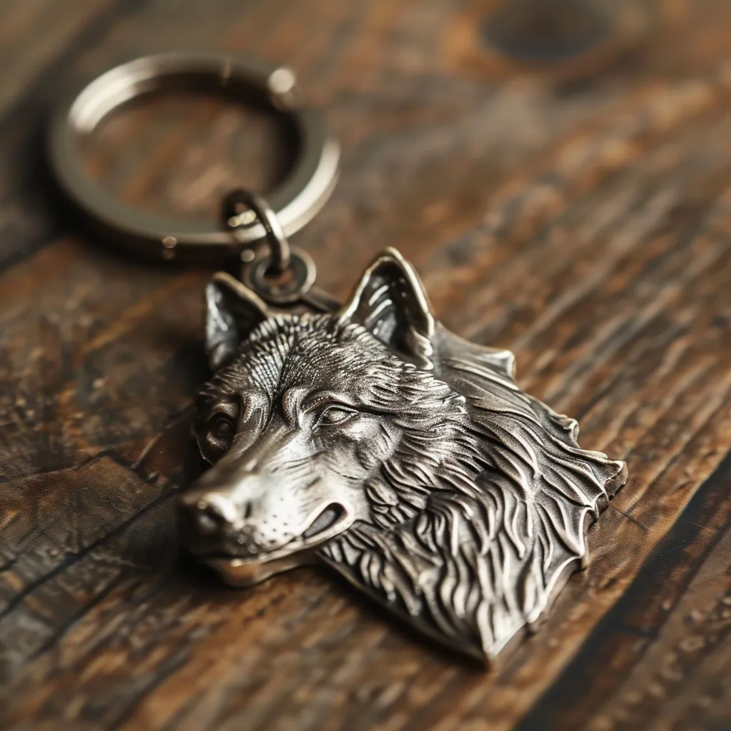 Produktbild von Metall-Schlüsselanhänger „Wolfskopf“ – detailreich geprägt, individuell gefertigt