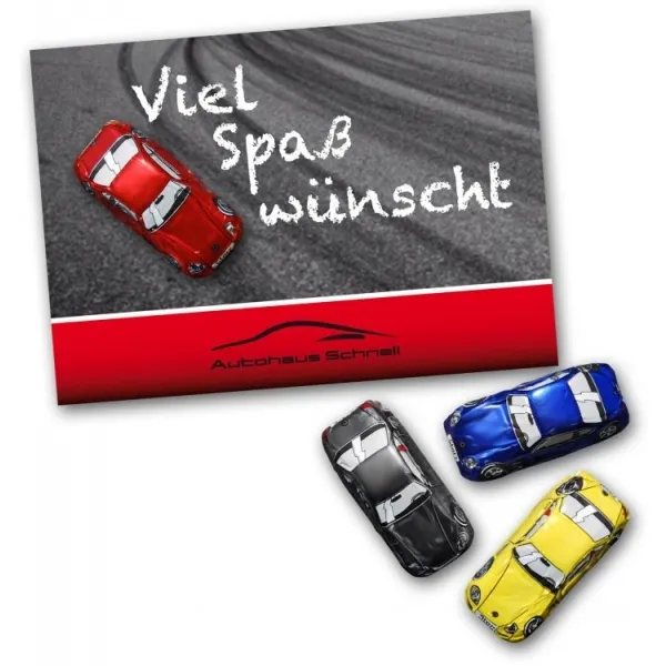 Produktbild von Schokoladen-Geschenkset mit 15g feinster Edelvollmilchschokolade in bunten Stanniolverpackungen, Größe ca.