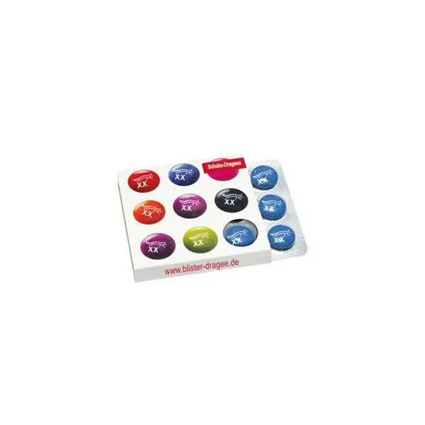 Produktbild von Schokoladen-Linsen mit individueller Bedruckung und Sichtfenster in der Ecke, Blisterverpackung mit 9 Stück Schokolinsen pro Packung, ab 1.000 Stück, Rückseitendruck und Beipackzettel auf Anfrage, komplett individualisierbare Verpackung.