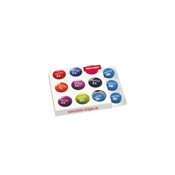 Produktbild von Schokoladen-Linsen mit individueller Verpackung und Logodruck: Schokolinsen im Blister, 9 Stück pro Packung, in den Geschmacksrichtungen Schokolade mit Drageeüberzug.