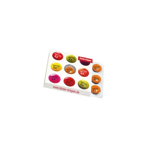 Schokoladen-Linsen mit individuellem Logo einzeln bedruckt - Der ideale Streuartikel für Ihre Messe, inhaltlich Schokolinsen (9 Stück), Maße: 66x65x8 mm, Mindestmenge 1000 Stück, mittig mit Sichtfenster und auf der Rückseite des Blisters druckbar.