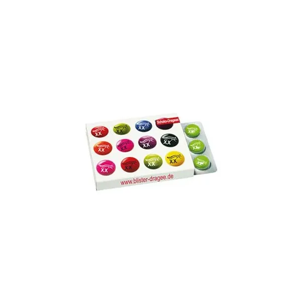 Produktbild von Schokolinsen-Blisterverpackung mit Logodruck als Streuartikel: Individuell bedruckbare Schokoladen-Minis (12 Stück/Packung), Größe 88x70x15 mm, inkl.