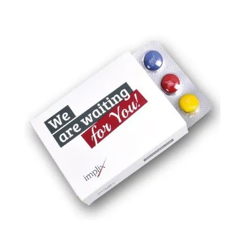 "Süße Werbeprodukte: Blister-Bonbons in Tablettenverpackung für individuelle Gestaltung, 18er bis 36er Verpackungen wählbar, mit Hilfe unserer Grafikabteilung; Mindesthaltbarkeit 12 Monate" (49)
