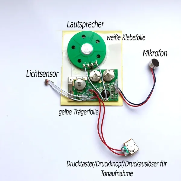 Produktbild von Soundmodul für Lichtauslöser-Tonaufnahme, selbstklebend integrierbar, bei Lichteinfall abspielbar, mit Drucktaster und Lautsprecher.