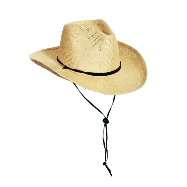 Produktbild von Strohhut mit Logo im klassischen Westernstyle, schlichtes Muster aus ultraleichtem Papier für den optimalen Sonnenschutz, Lederband rundet geschmackvoll ab, vielseitig einsetzbar bei verschiedenen Freizeitaktivitäten, Material: 100% Papier.