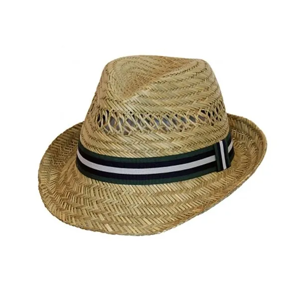 Produktbild von Mediterraner Vintage-Strohhut mit dreifarbigem Hutband und ausgefallener Flechtung für modische Freiheit im Sommer.