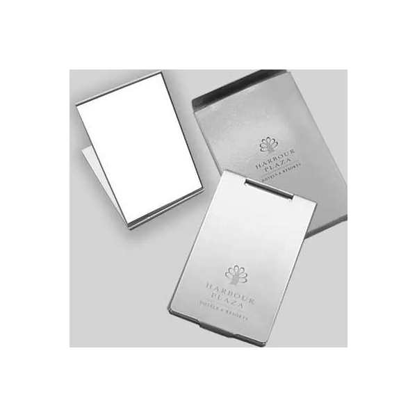 Produktbild von Faltbarer Design-Taschenspiegel aus Metall, importiert, Größen: 150x00x3 mm, 115x76x3 mm, 80x50x3 mm, Werbeanbringung: Druck, Gravur oder Prägung, Verpackung: Polybeutel, Umkarton.