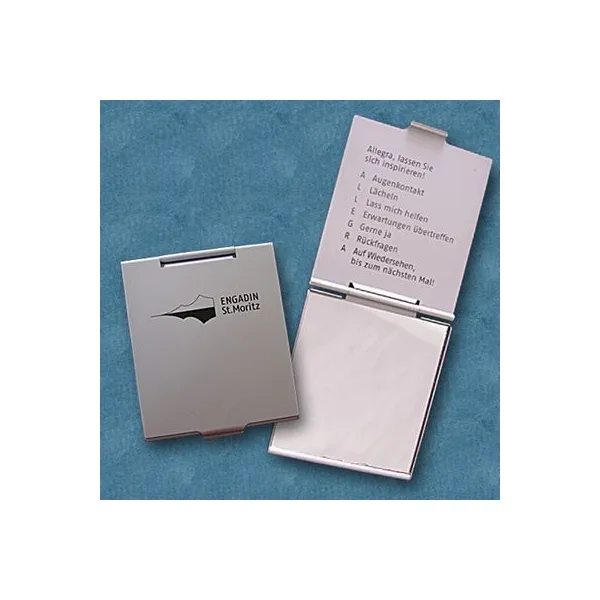 Produktbild von Taschenspiegel mit Werbeaufdruck - Praktischer Aufklapp-Spiegel für Damenhandtaschen, Größe 60x70mm, 3 Flächen für individuelle Werbung.