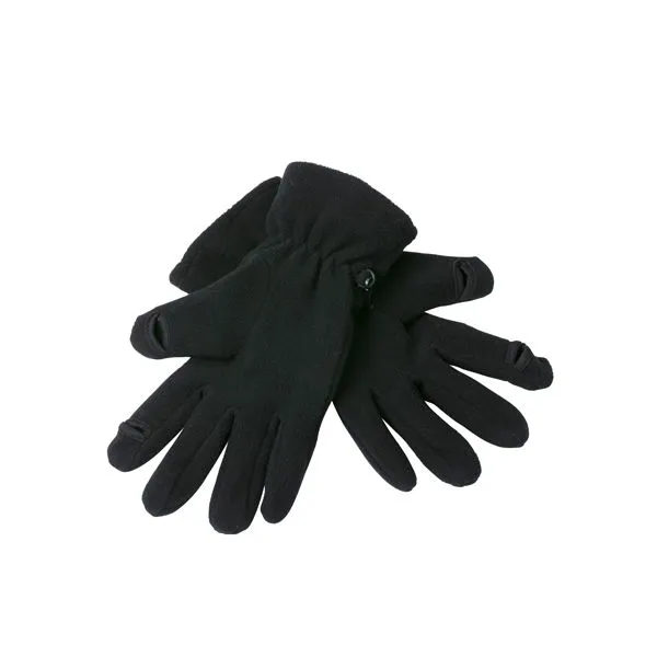 Produktbild von Touchscreen-kompatible Microfleece-Handschuhe mit 100% Polyester-Oberstoff (220 g/m²), Anti-Pilling-Eigenschaften, Gummiband am Handgelenk und Öffnungen an Daumen und Zeigefinger für Touchscreen-Nutzung in den Größen S/M und L/XL.