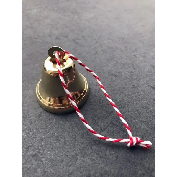 Produktbild von Zierliches gold glänzendes Messing-Glöckchen mit Öse für festlichen Baumschmuck oder besondere Anlässe, Durchmesser: 40mm/20mm, Höhe: 41mm, wahlweise mit Bändchen zum Aufhängen in fast jeder Farbe, auch mit Satin-Band möglich, individuelle Gravur ab...