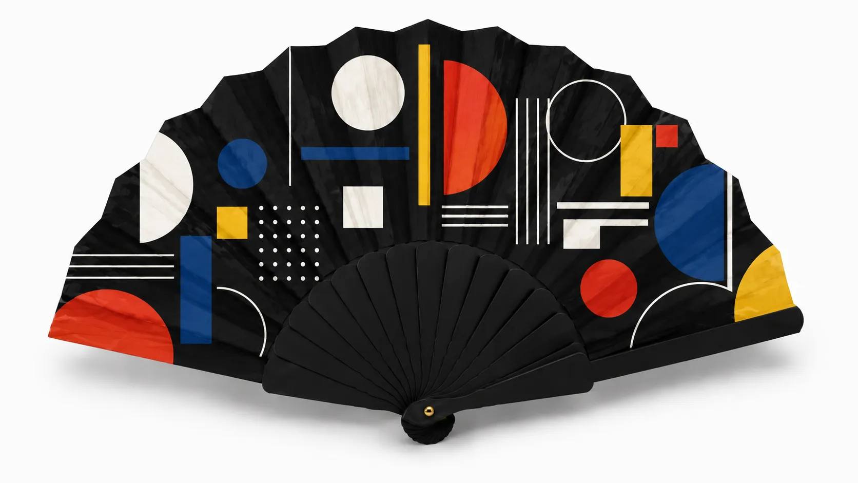 Werbefächer im Bauhaus-Design – Schwarz mit bunten geometrischen Formen